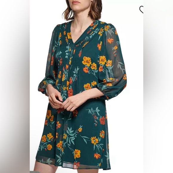 Calvin Klein Green Floral Print Multicolor Chiffon Shift Mini Dress - Picture 3 of 6